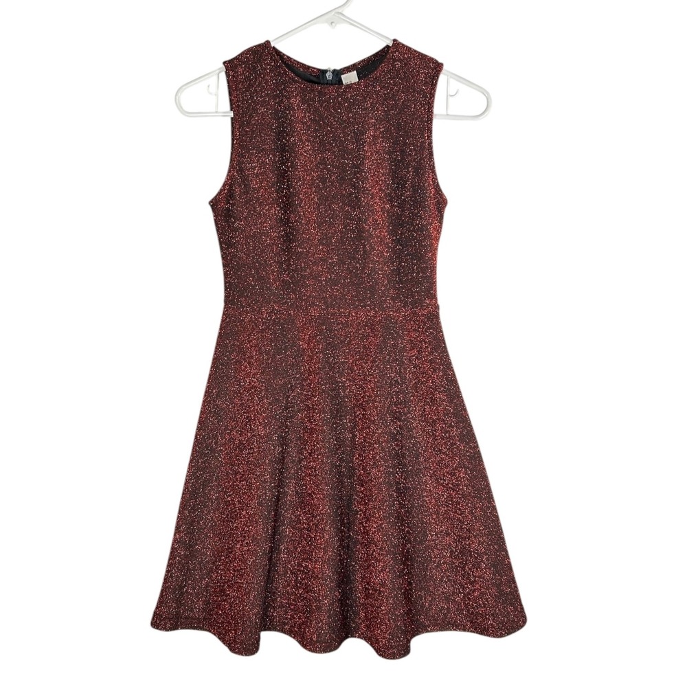 Girls Red Black Metallic Shimmer Skater Dress Sleeveless Party XS 160/84B